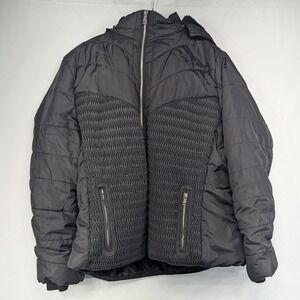 YMI Black Quilted Puffer Coat Faux Fur Lined Hood Full Zip Smocked Waist 3X‎